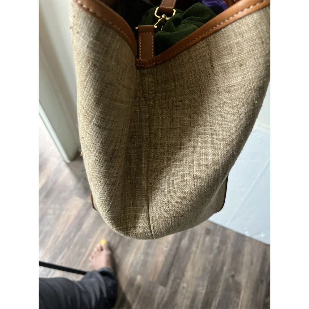J. McLaughlin Tan Leather and Beige Canvas Hobo Bag